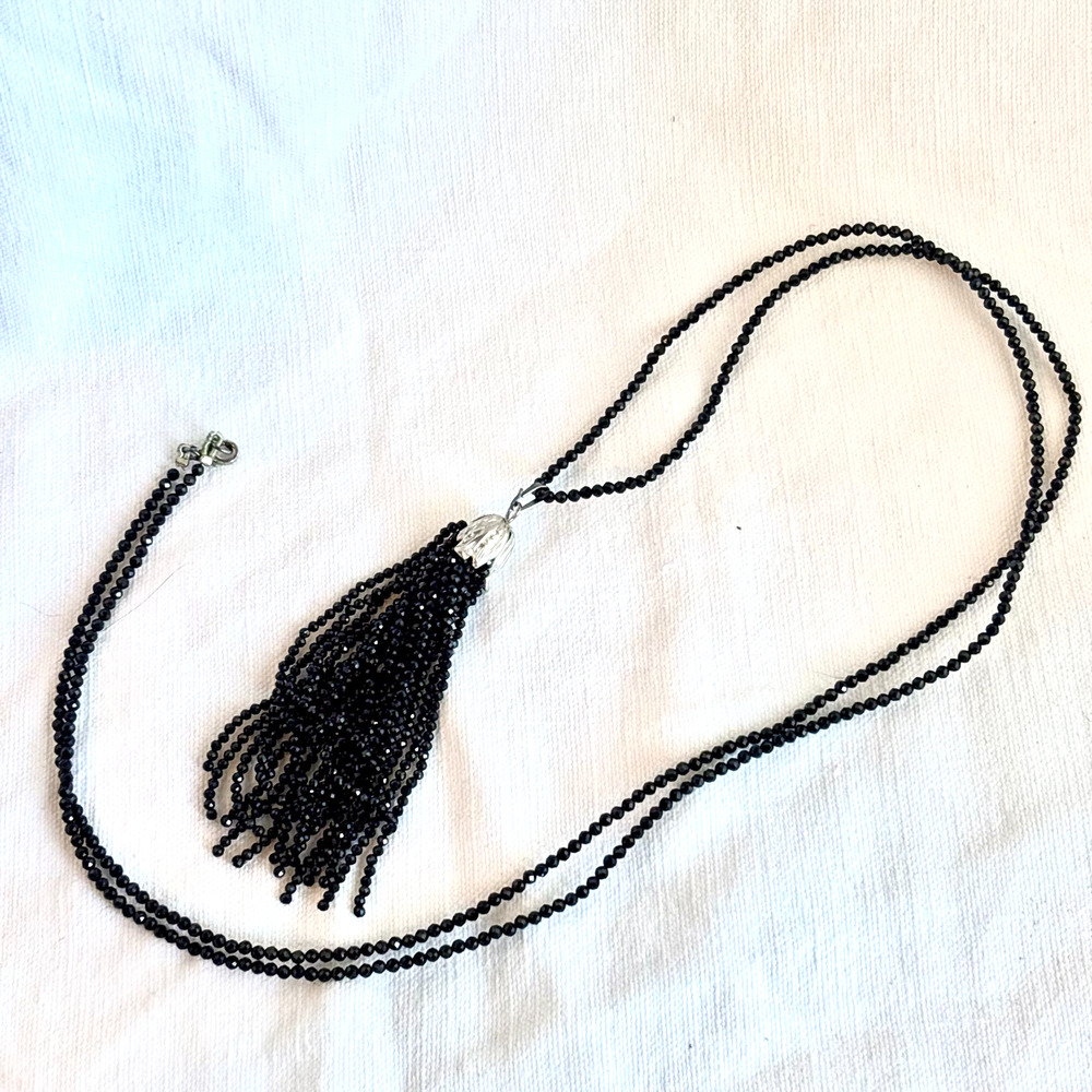 New Black Spinel Sterling Silver Tassel Necklace 36" Extra Long Statement